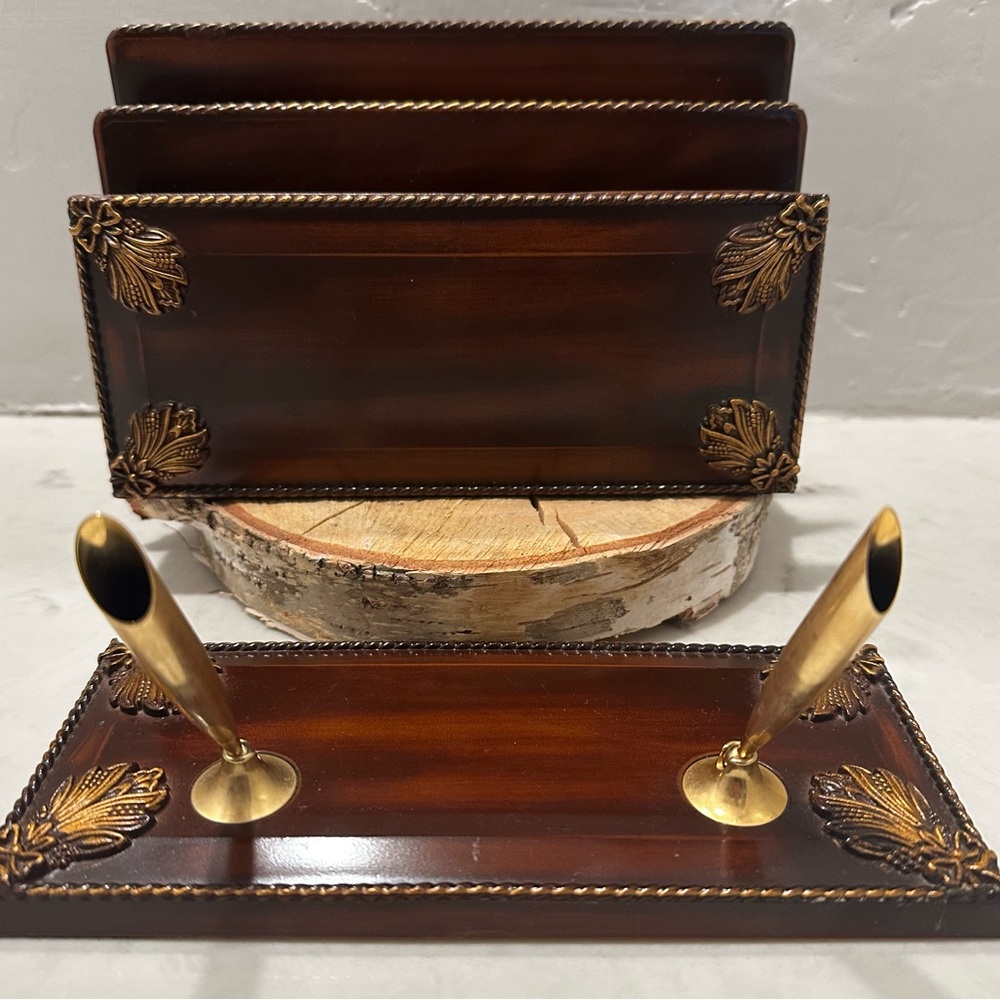 Mid Century Desk Organizer Set Wood Gold Embossed Accents